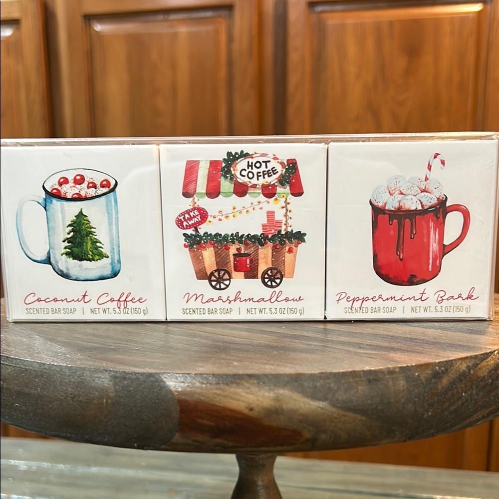NWOT Set of 3 Holiday Scented Bar Soaps Coconut Coffee, Marshmallow, Peppermint
